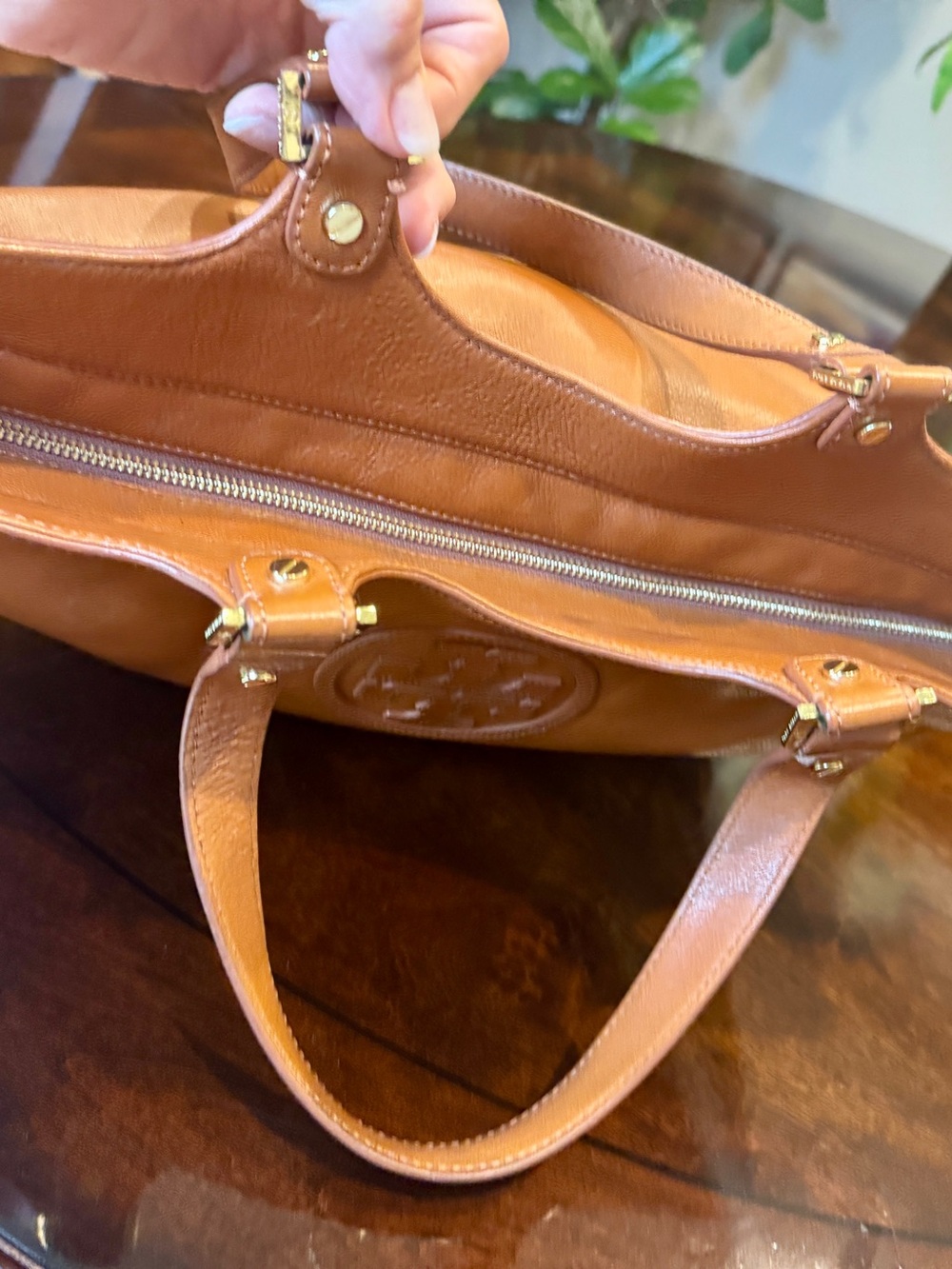 Tory Burch Cognac Leather Logo Tote - Picture 14 of 16